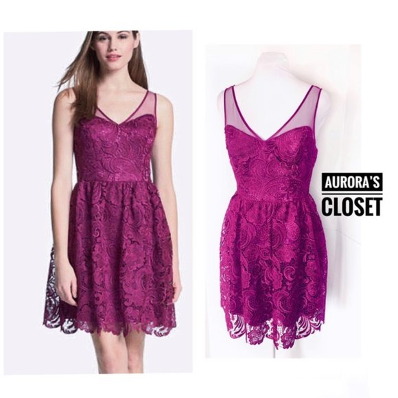 Adrianna Papell 6 Fuschia Lace Dress Fit Flare  Mesh Straps Sweetheart Neckline - Picture 1 of 5